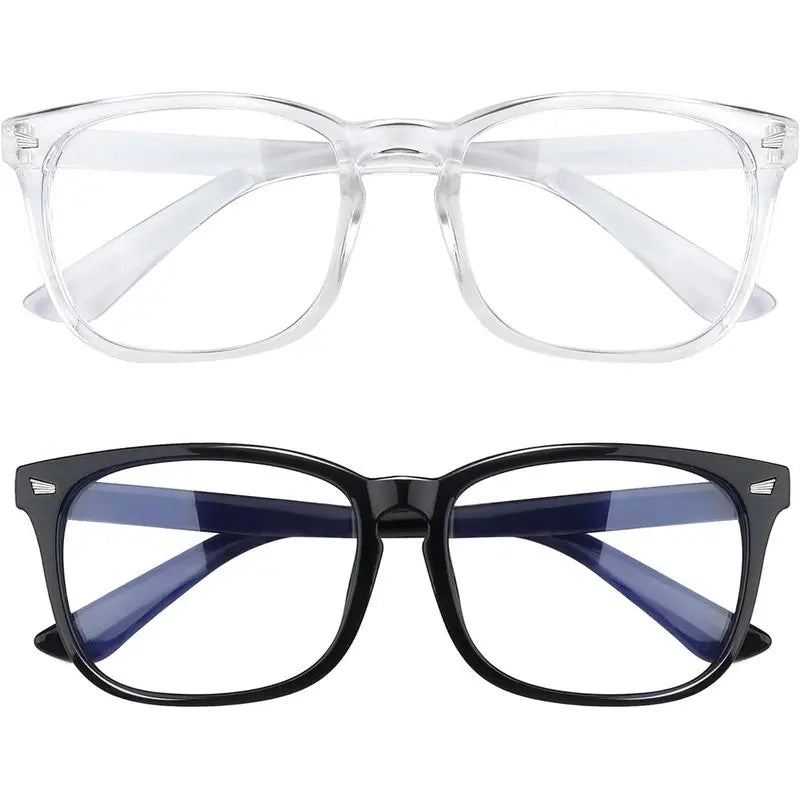 Square Frame Computer Glasses for Women and Men with Transparent or Black Frame Options and Listed Blue Light Filter Reference for Everyday Desk Outfits