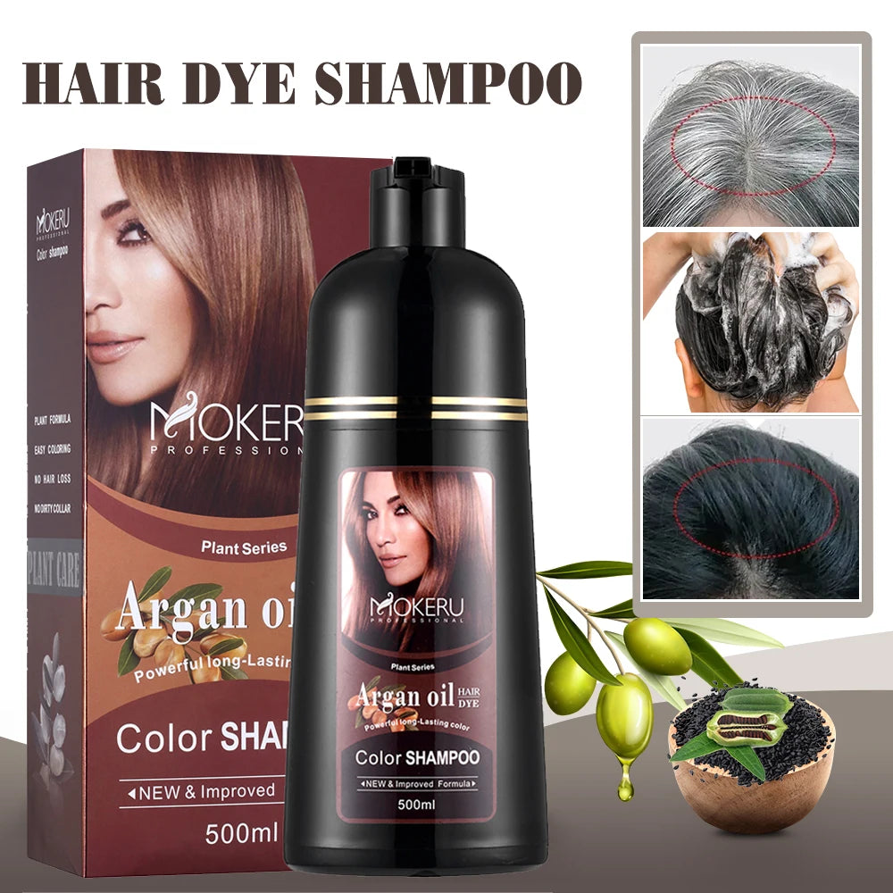 Hair Dye Shampoo by Mokeru with Listed Argan Oil, Black Brown Red Purple and Silver Gray Shade Options for Adult At-Home Hair Coloring Routines