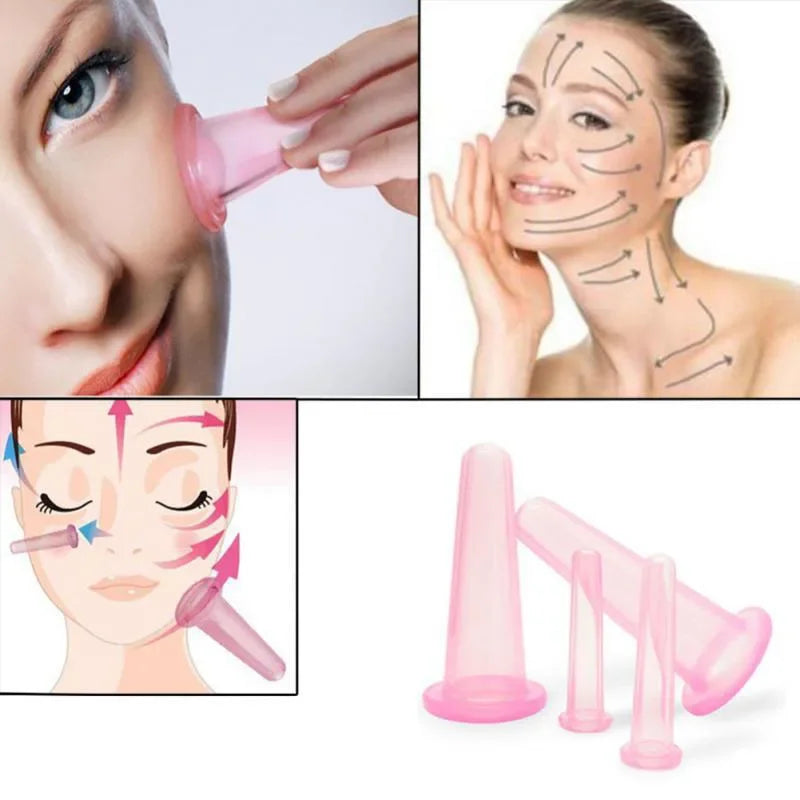 Facial Cupping Set with Four Listed Silicone Vacuum Cups, Pink or White Options for Adult Face Massage and At-Home Personal Care Routines