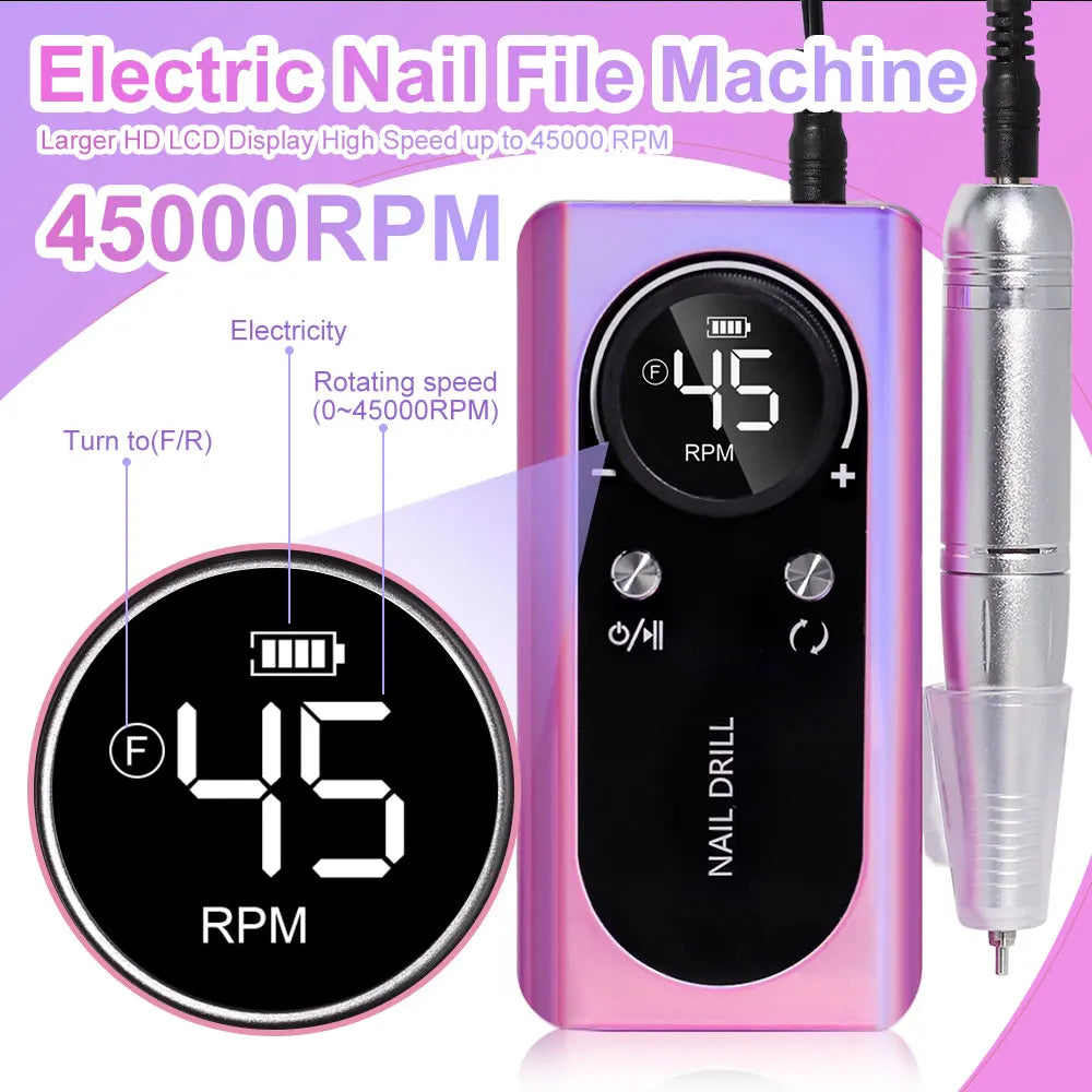 Portable Nail Drill V2 with Listed 45,000 RPM Adjustable Speed, 1800mAh Rechargeable Battery, LCD Display and Six Bits for Acrylic and Gel Manicures