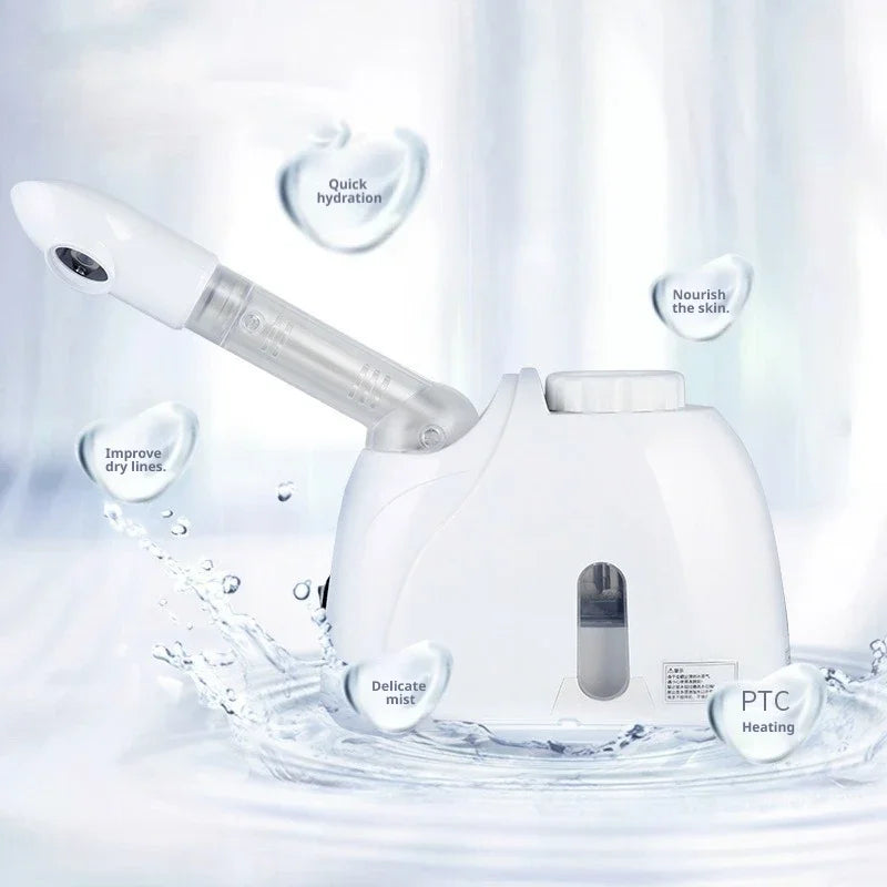 Rotating-Outlet Facial Steamer in White, 100ml Hot Steam Device with Extended Arm and Aroma Compartment for Home Beauty Routines, US or EU Options