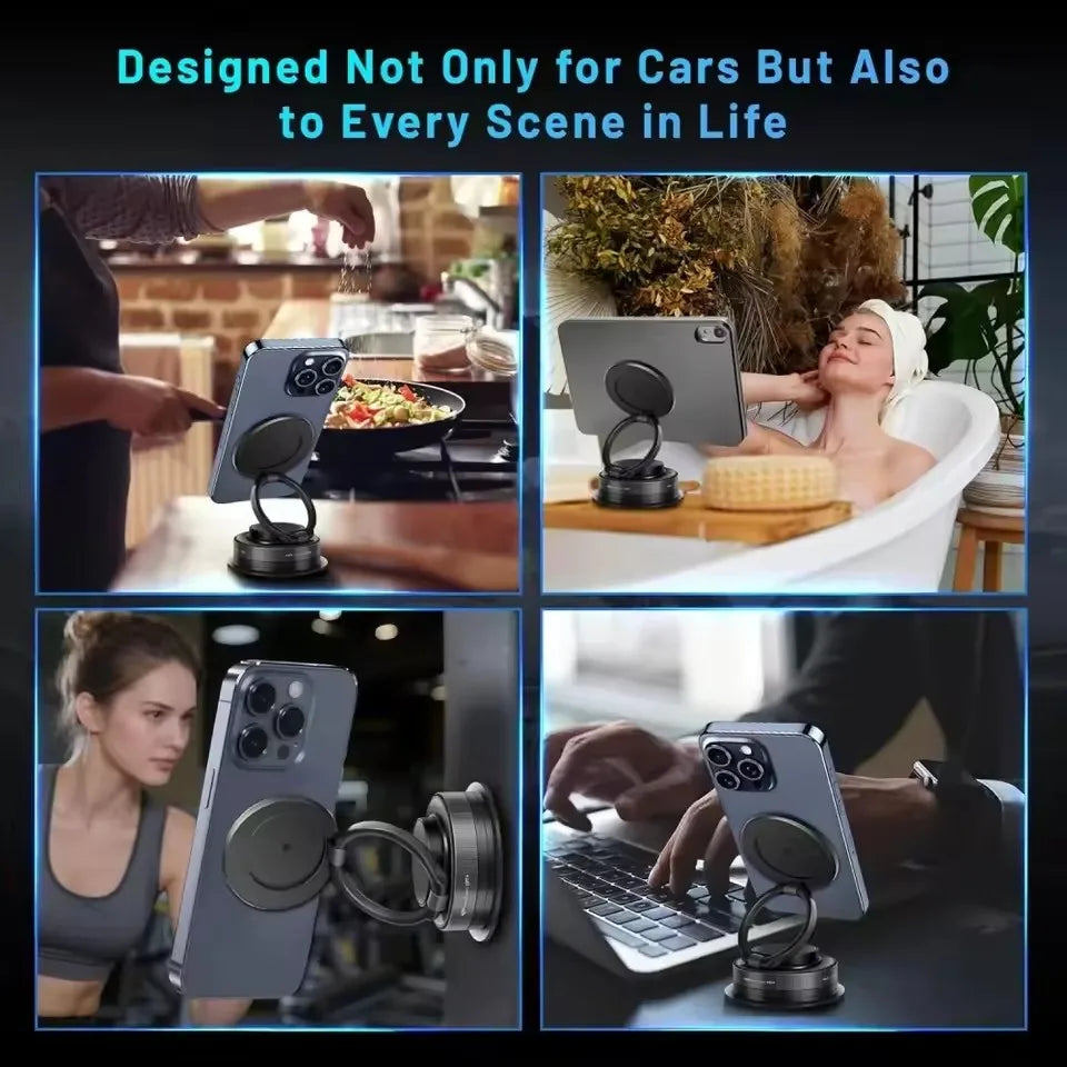 Vacuum Magnetic Car Phone Holder in Black, Suction Cup Mount with Locking Knob and Listed 360-Degree Rotation for Compatible Smooth Flat Surfaces