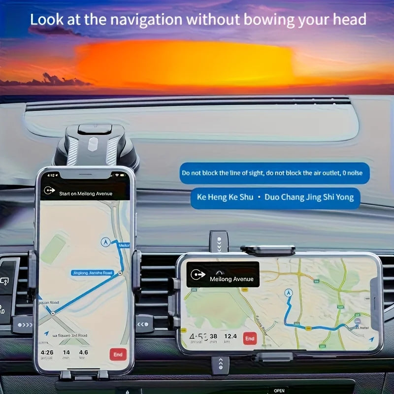 Dashboard Car Phone Holder with Pressure-Locking Suction Cup, 360-Degree Rotation and Quick-Release Clamp for Navigation in Three Black Style Options