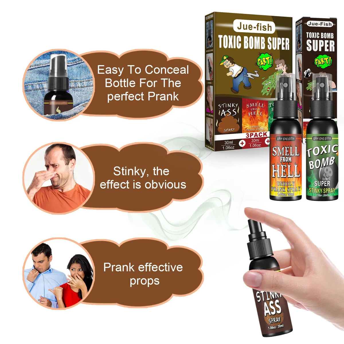 Fart Spray Novelty Liquid with Listed 30ml Pump-Action Bottle, Gag Gift Selection in A, B and C Single-Piece Labels or D Three-Piece Option