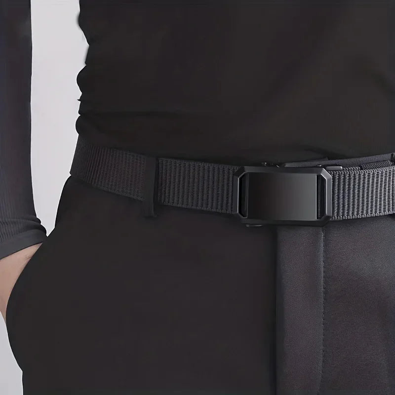 Men's Canvas Belt with Automatic Buckle, 120cm Tactical-Style Pants Belt in Gray, Black, Light Brown or Green for Casual Outfits and Everyday Workwear