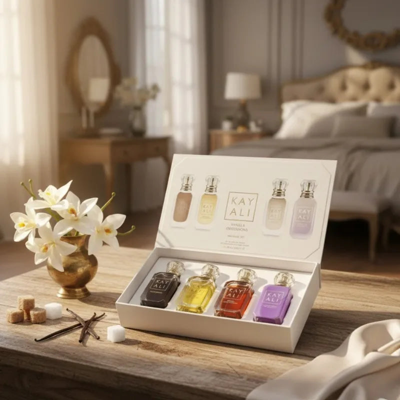 Four Scent Perfume Set with 4 x 10ml Bottles, Unisex Fragrance Assortment Options Featuring Listed Vanilla, Oud, Floral and Fruity Profiles for Everyday Wear and Gifts