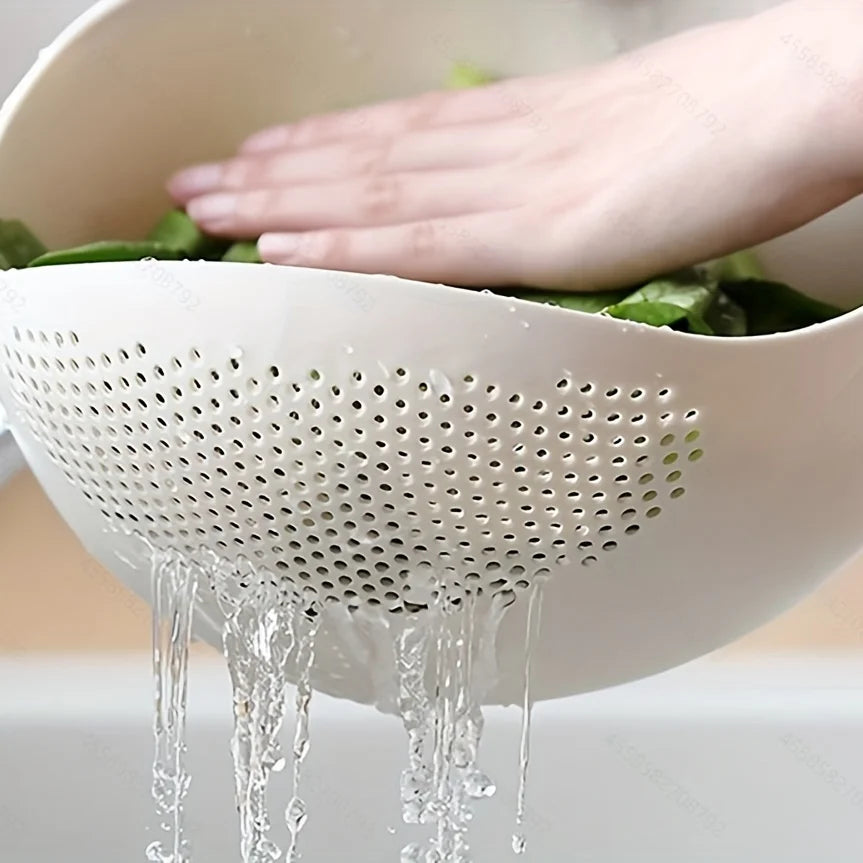 Rice Rinsing Basket in White, Single Oval Kitchen Drainage Sieve with Side Perforation Reference for Washing Rice and Compatible Fruit or Vegetable Preparation