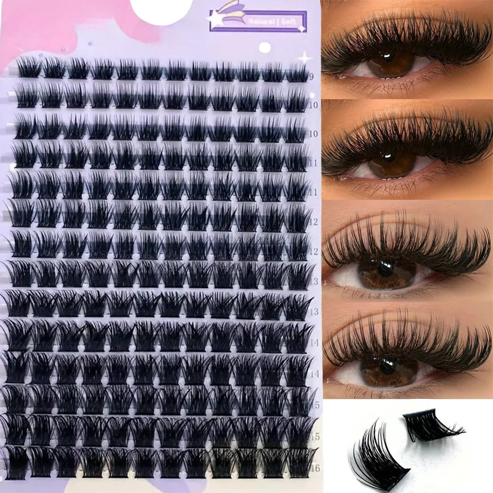 C Curl Wispy Cluster Lashes, Reusable Fluffy Individual False Eyelashes with Listed 9–16mm Mixed Lengths for Natural-Looking DIY Makeup Styling
