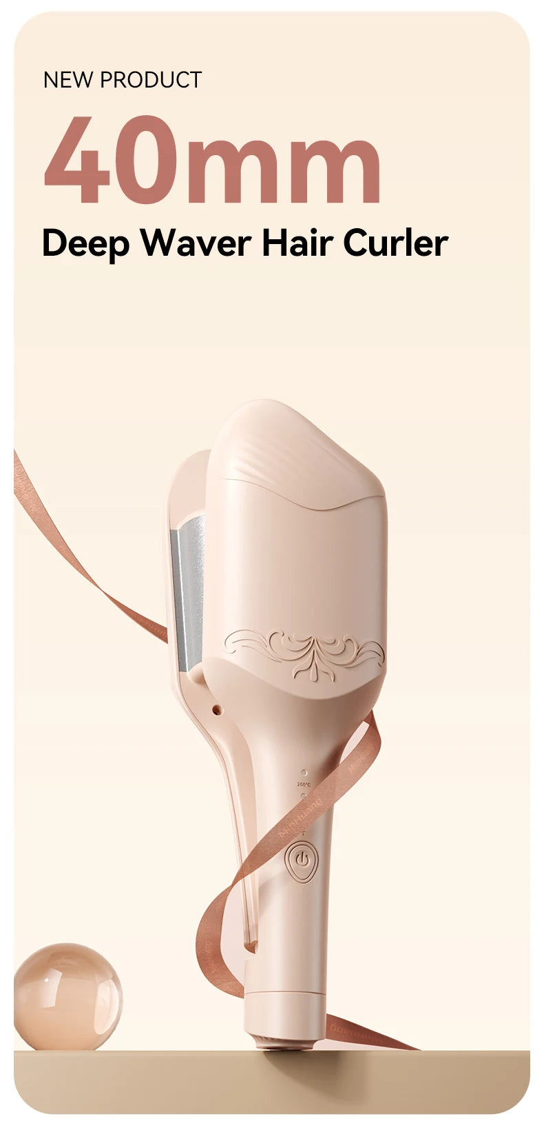 40mm Hair Waver in Beige, Corded Ceramic-Coated Wave Styling Iron with Listed Adjustable Heat, Regional Plug Choices and Without-Box Packaging Option