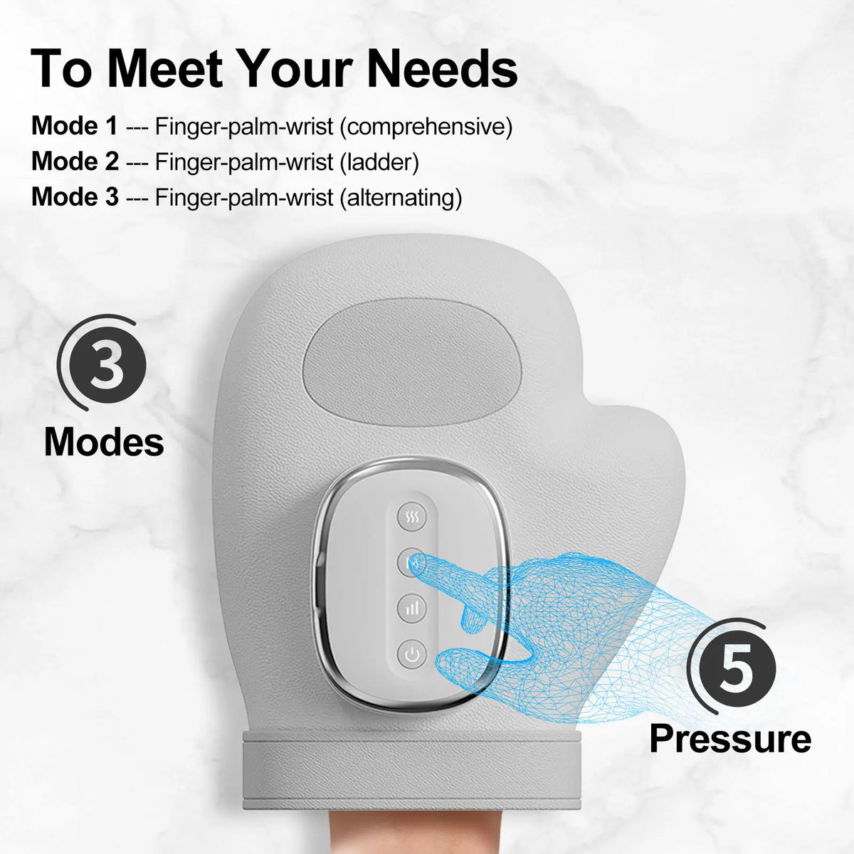 Heated Finger and Palm Massager in Gray with 13 TPU Airbags, Three Modes, Five Intensity Levels, 2000mAh Battery and Type-C Charging for Adult Relaxation