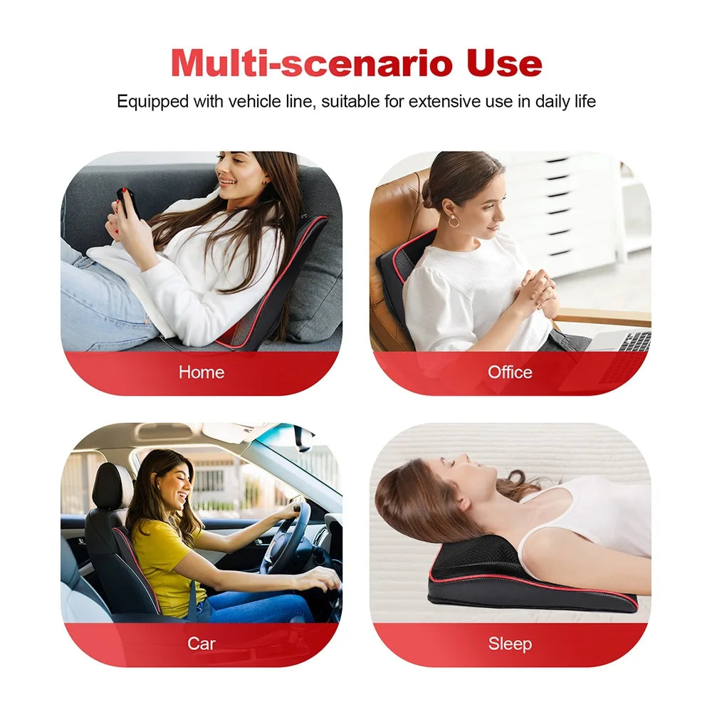 Back and Neck Massage Pillow with Listed 24W Power, PU Surface, One-Button Control and 15-Minute Auto Shutoff, Adapter and Vehicle Cable for Adult Relaxation