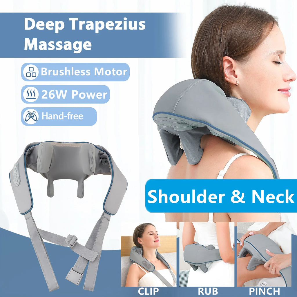 Rechargeable Neck and Shoulder Massage Shawl with Listed Two Modes, Adjustable Straps and Back Buckle, 20W or 26W Kneading Models in White, Grey and Brown Options