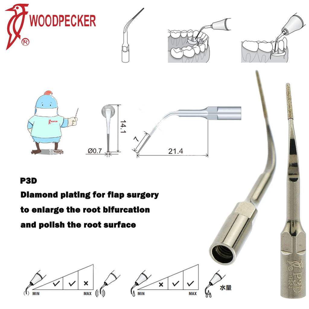 Ultrasonic Scaler Handpiece and Tip Options by Woodpecker, HW-5L LED Handpiece or P, E and G Series Tips for Compatible Dental Equipment