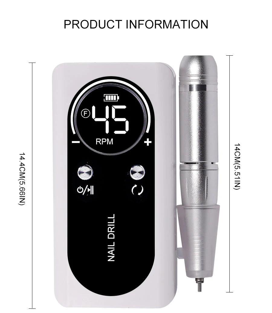Portable Nail Drill V2 with Listed 45,000 RPM Adjustable Speed, 1800mAh Rechargeable Battery, LCD Display and Six Bits for Acrylic and Gel Manicures