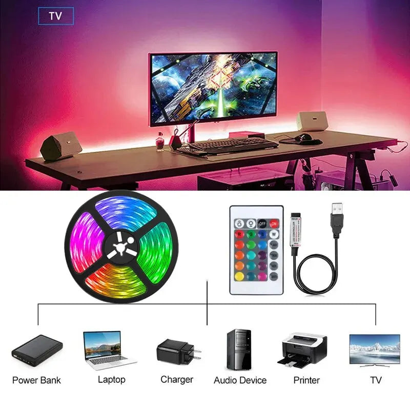 USB 5V TV Backlight Strip with RGB Flexible Tape, Bluetooth App and 24-Key Remote Control, Nine Length Options from 1m to 30m for Indoor Accent Lighting