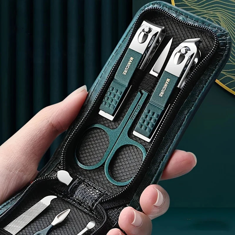 Nail Clipper Manicure Set with Six-Piece Option Labels, Nail Scissors and Clipper References, Black or Green Personal Grooming Kit for Home and Travel