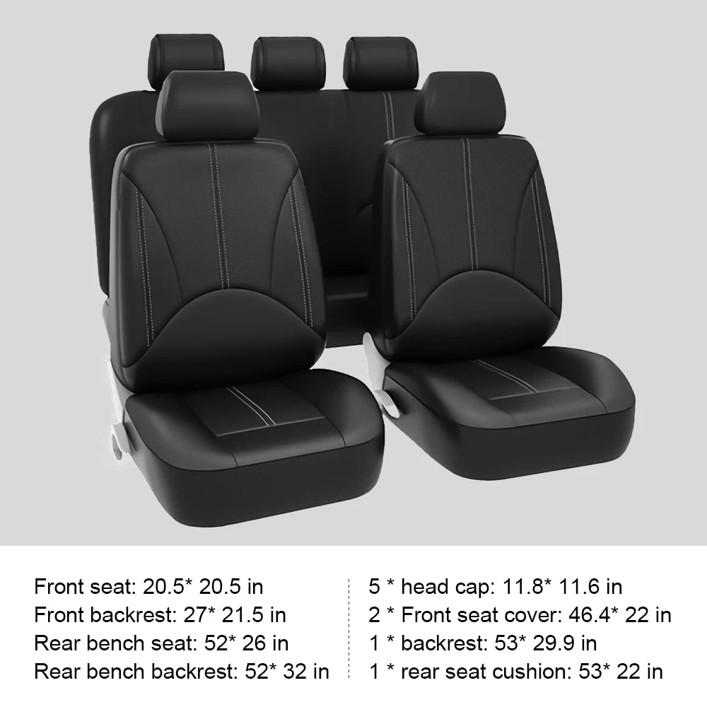 PU Leather Car Seat Cover Set, Nine-Piece Layout with Five Headrest Covers, Two Front Seat Covers and Separate Rear Bench Pieces for Compatible Interiors
