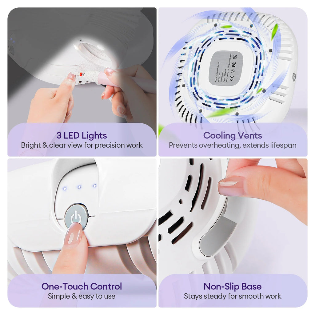 Extendable Tube Nail Dust Collector with LED Light, Three Speed Settings and Two Filters, Grey Plug-In Manicure Vacuum with US, EU or UK Plug Options