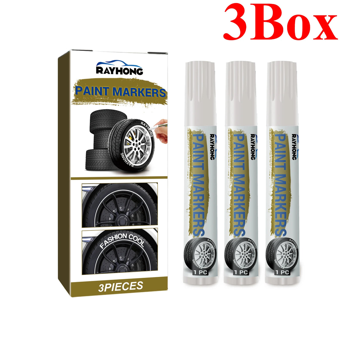 White Tire Lettering Paint Pens, Oil-Based Fine Round Tip Markers with Three Pens per Box, 1Box, 3Box or 5Box Options for Compatible Automotive Detailing