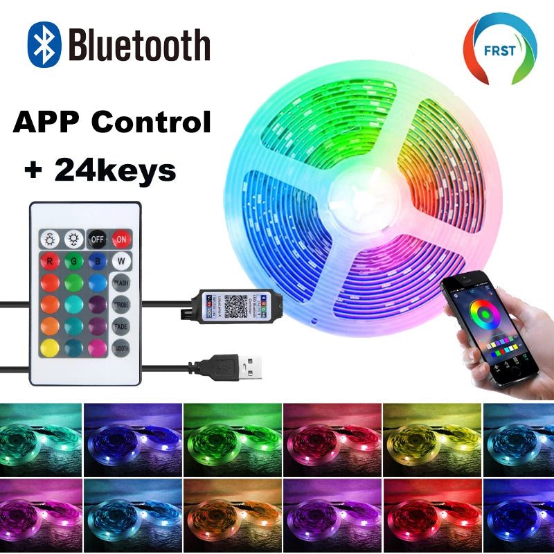 SMD 5050 RGB Bluetooth Light Strip with 5V USB Power, App-Only or 24-Key and 44-Key Remote Options in Six Lengths for Dry Indoor TV and Room Accent Decor