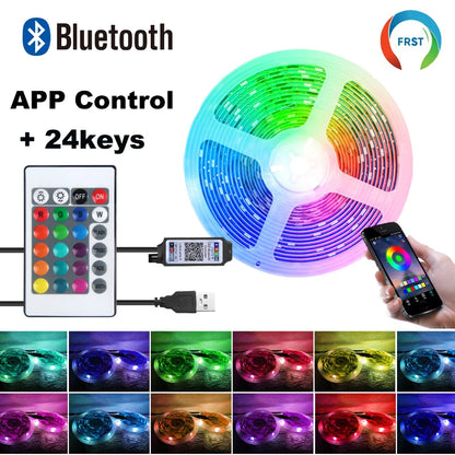 SMD 5050 RGB Bluetooth Light Strip with 5V USB Power, App-Only or 24-Key and 44-Key Remote Options in Six Lengths for Dry Indoor TV and Room Accent Decor