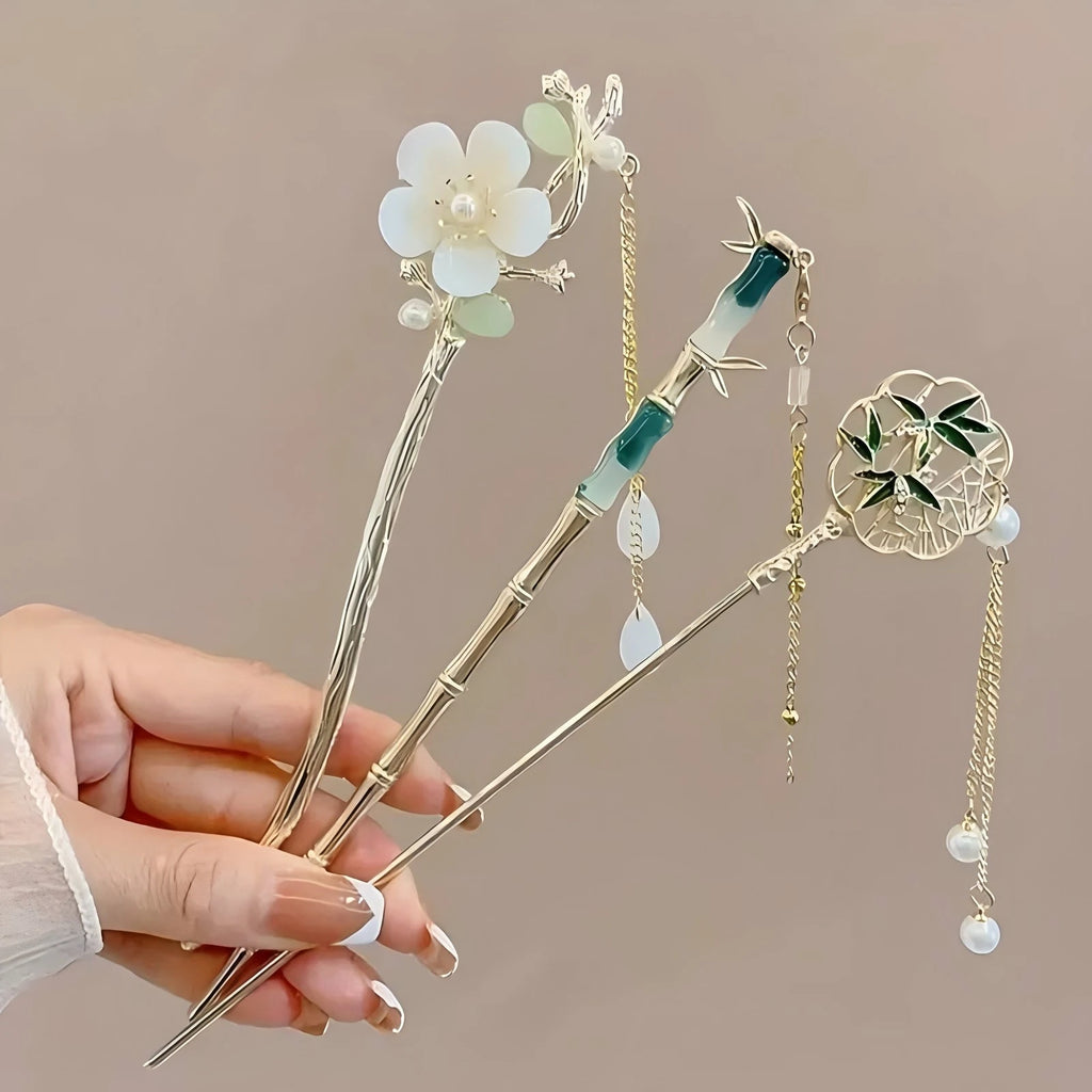 Tassel Hair Stick for Women, Chinese-Style Floral Alloy Hairpin with Single and 6-Piece Options for Buns, Wedding Updos and Everyday Hairstyles