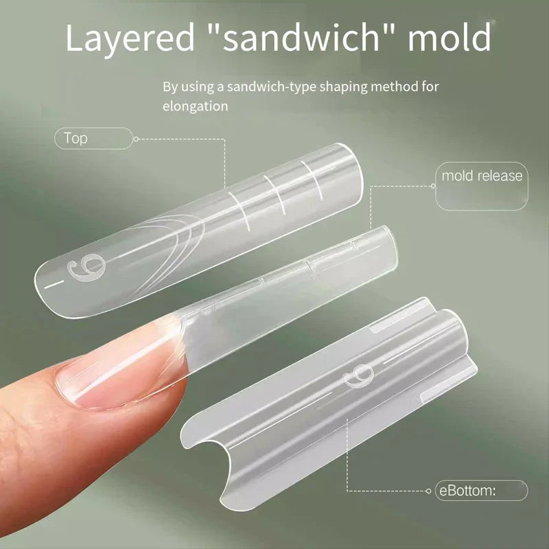 Reusable Sandwich Dual Nail Forms, Listed 240-Piece and 15-Size Top and Bottom Extension Molds with Long Point, Beagle T and Ellipse Options