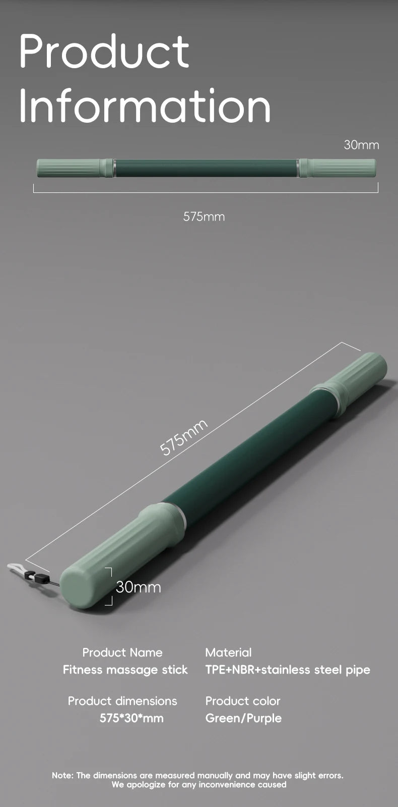 Handheld Massage Roller Stick with 58cm Green and Purple Option Labels, Portable Body Massage Accessory for Legs, Calves and At-Home Relaxation