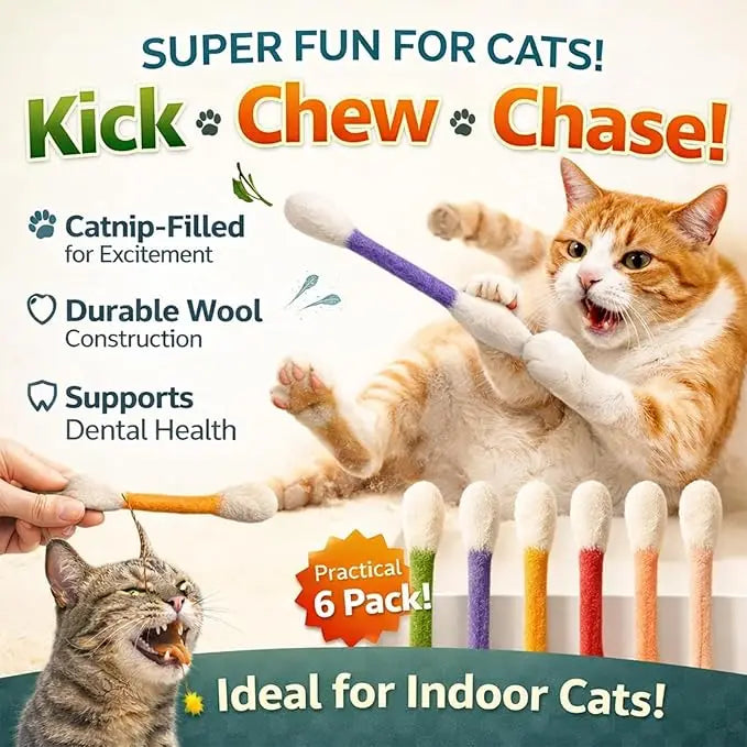 Catnip Kicker Sticks in Cotton Swab Shape, 6-Piece Felt Cat Toy Set for Supervised Indoor Batting and Kicking Play with Seven Color Option Labels