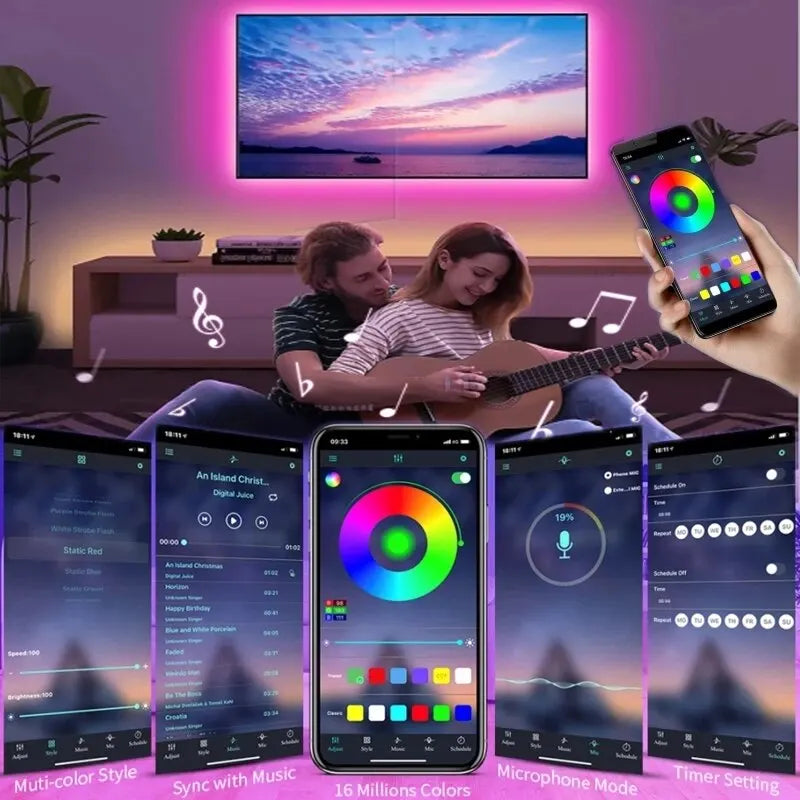 USB 5V TV Backlight Strip with RGB Flexible Tape, Bluetooth App and 24-Key Remote Control, Nine Length Options from 1m to 30m for Indoor Accent Lighting