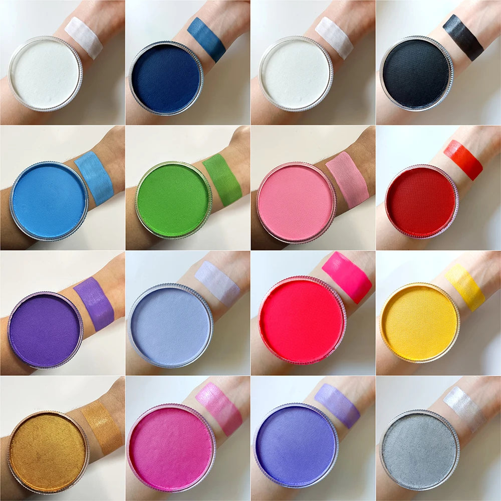 Water Based Face and Body Paint with Listed 30g Color Options, Matte Shades, Pearl White and UV Pink Labels for Stage Makeup, Cosplay and Costume Looks