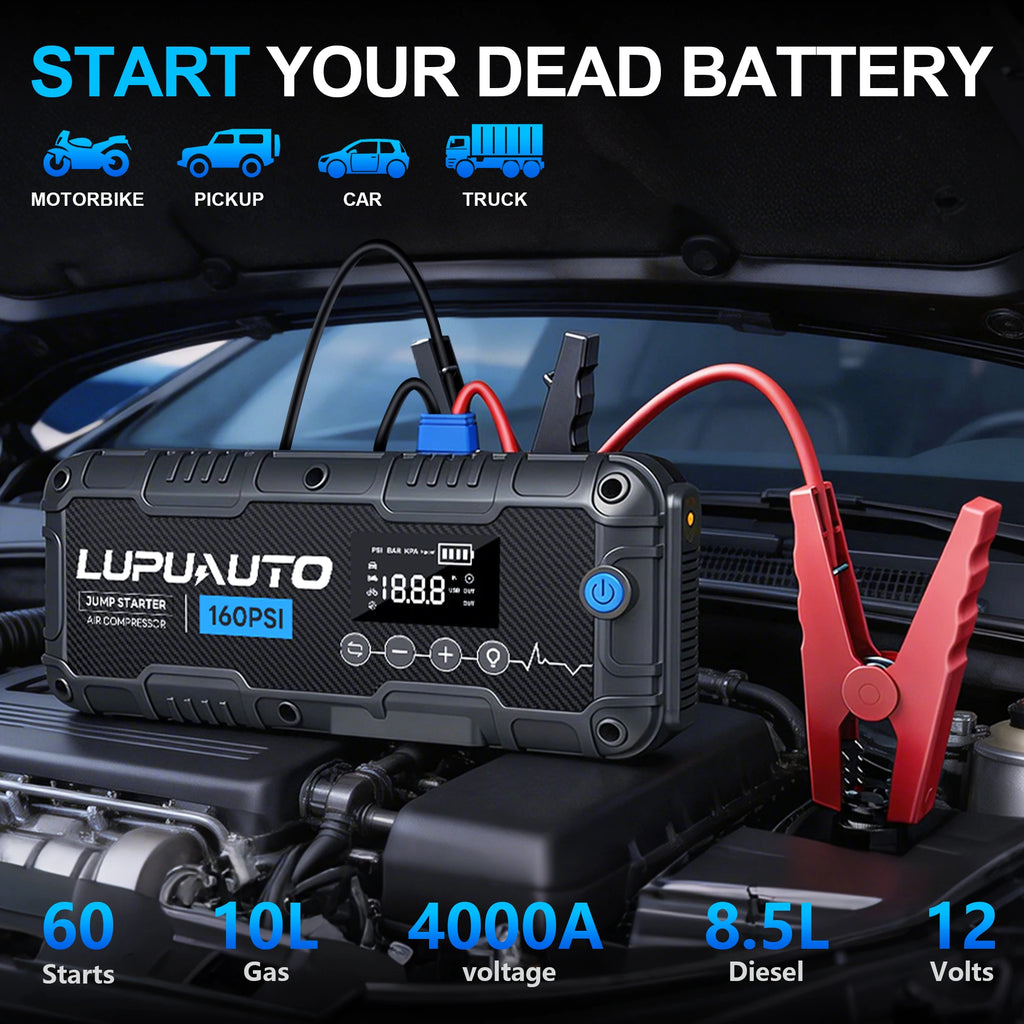 Car Jump Starter with Air Compressor and LED Light, 4000A Labeled Four-in-One Portable Unit with Power Bank Function and Listed 160 PSI Maximum Pressure