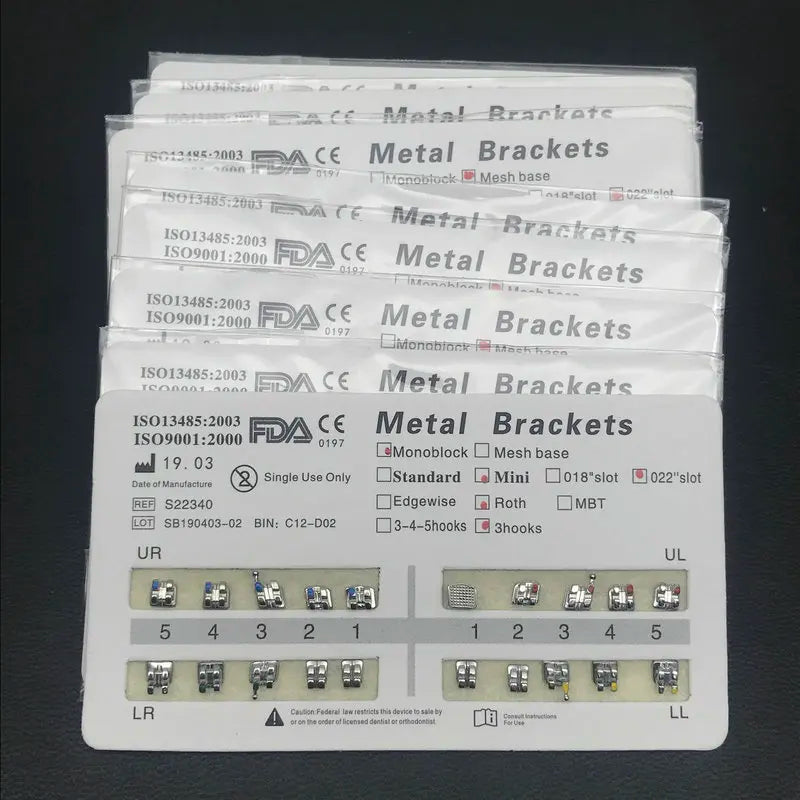 Dental Braces Brackets, 200-Piece Metal Orthodontic Supply in 10 Packs with Roth, MBT and Edgewise Model Options and Listed 022 Slot for Professional Use