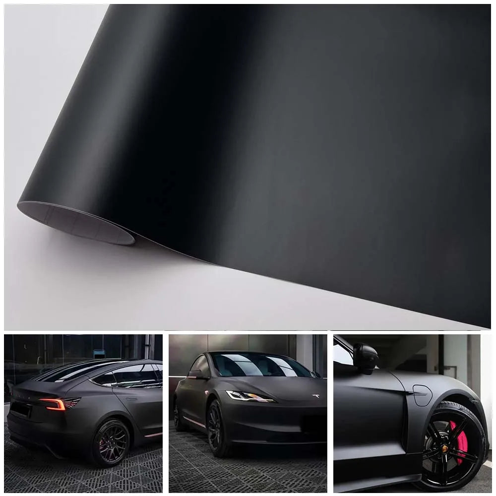 Matte Black Vinyl Wrap with Air Release Channels, Self-Adhesive 0.13mm Car and Motorcycle Styling Film in Four Sheet Sizes for Compatible Smooth Surfaces