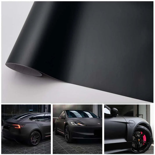 Matte Black Vinyl Wrap with Air Release Channels, Self-Adhesive 0.13mm Car and Motorcycle Styling Film in Four Sheet Sizes for Compatible Smooth Surfaces