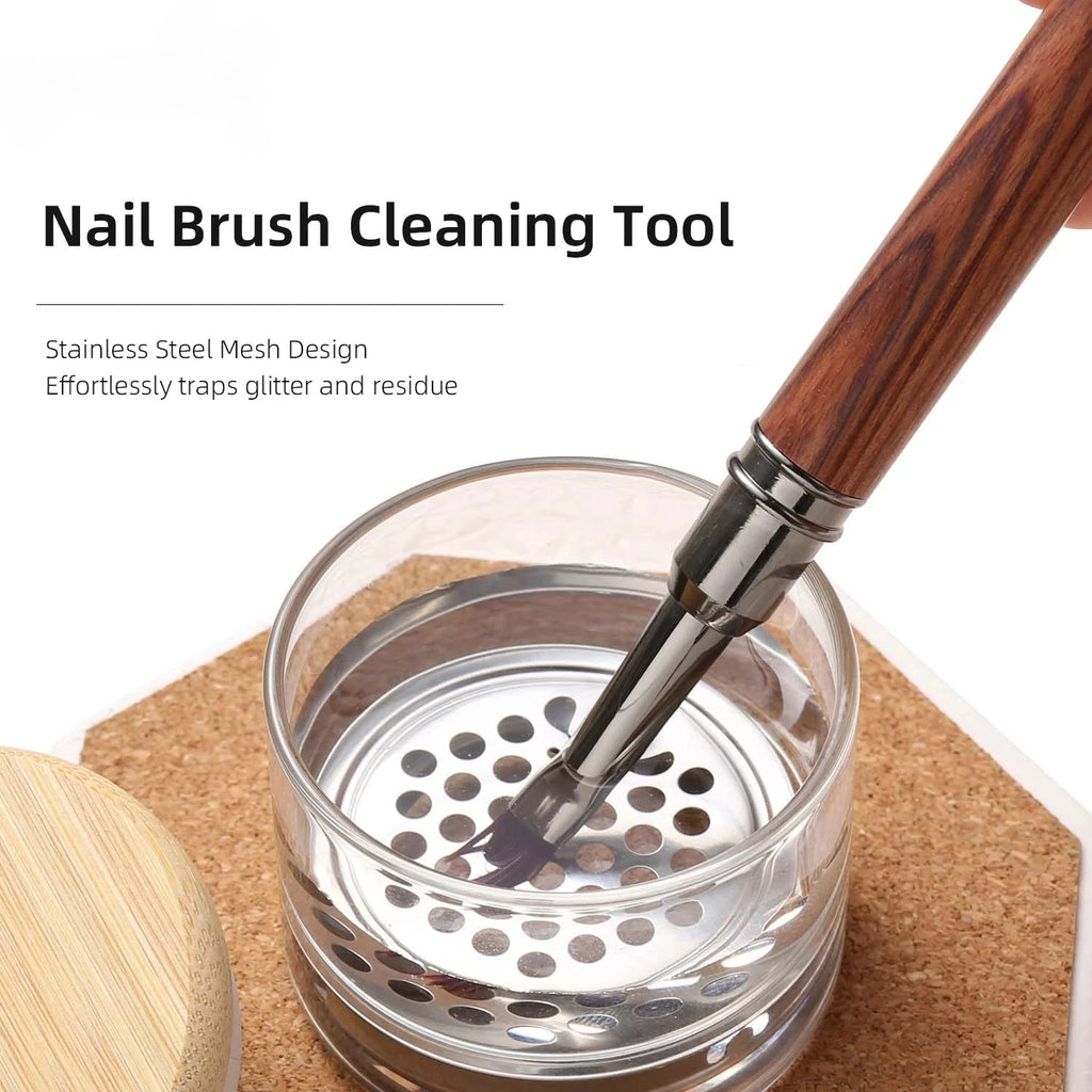Nail Brush Cleaning Cup with Stainless Steel Mesh Base, Glass Manicure Tool Container for Brush Washing and Compatible Nail Drill Bit Cleaning