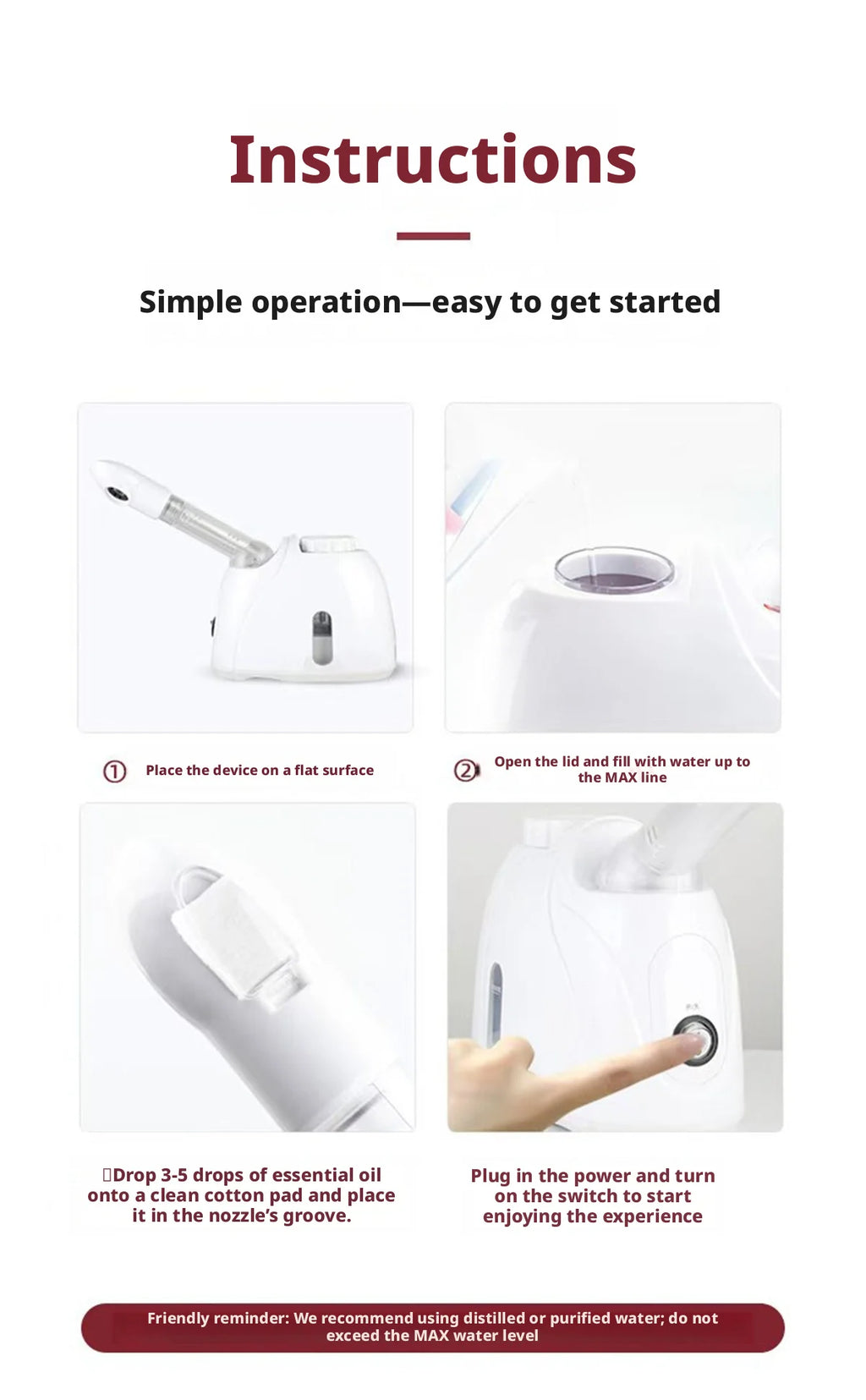 Rotating-Outlet Facial Steamer in White, 100ml Hot Steam Device with Extended Arm and Aroma Compartment for Home Beauty Routines, US or EU Options