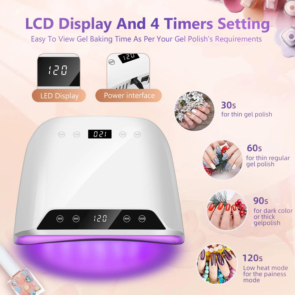 72-LED Gel Nail Curing Lamp with Four Timer Settings, Digital Touch Display, Automatic Hand Sensor and Detachable Base, White with US or EU Plug Options