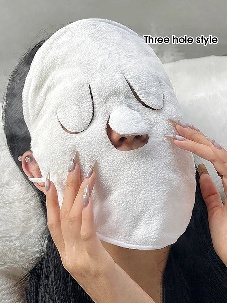 Face Compress Towel with Ear-Hanging Design, Single-Hole or Three-Hole Facial Cloth Options for Instruction-Guided Warm or Cool Wet Skincare Routines