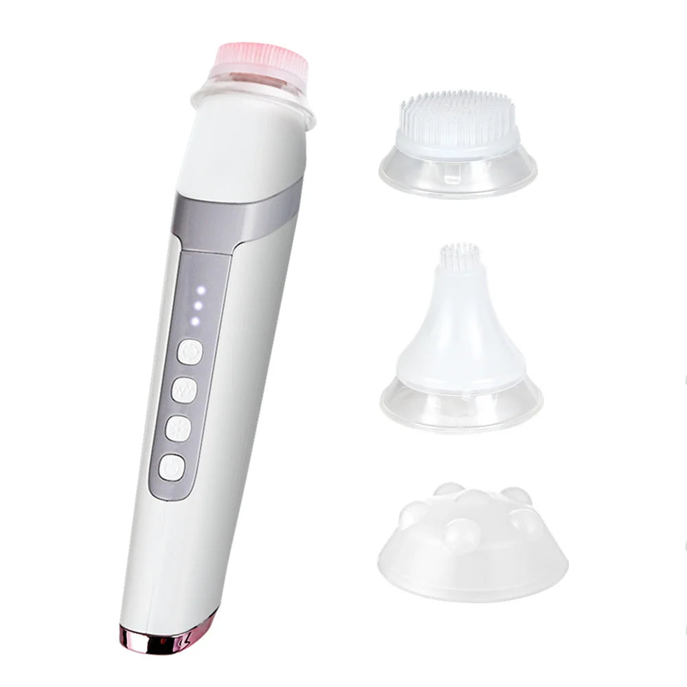 Four-Head Bubble Facial Pen in White with Silicone Massage Tips, Five Vibration and Spin Levels, Eight LED Modes and Type-C Rechargeable Design