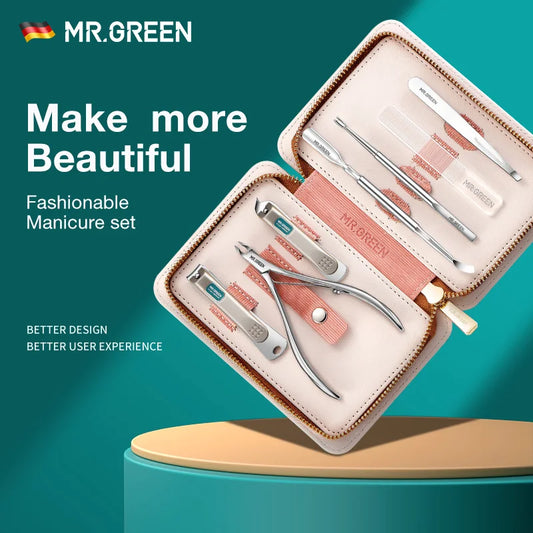 7-in-1 Nail Grooming Set by MR.GREEN with Stainless Steel Manicure and Pedicure Tool References, Travel Case and MR-6032 or MR-6020 Model Options