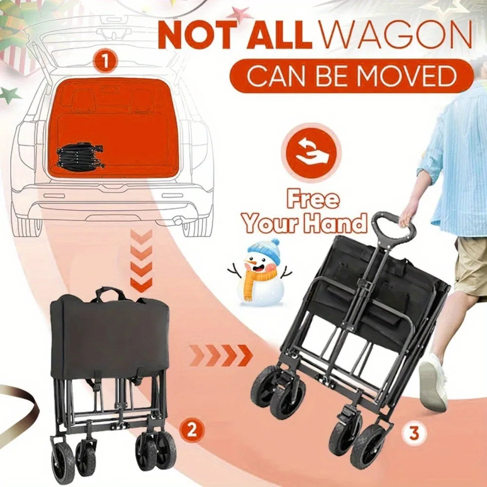 Folding Wagon Cart with Side Pockets and Listed 360-Degree All-Terrain Wheels, Black Collapsible Utility Carrier in Three Load-Labeled Options for Camping Gear