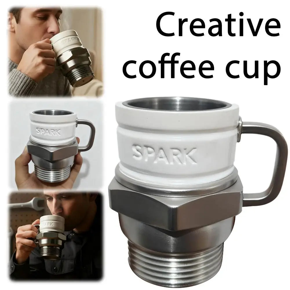 Spark Plug Coffee Mug with Resin Exterior and Stainless Steel Lining, Silvery Automotive-Themed Cup for Mechanics, Car Enthusiasts and Father's Day Gifts