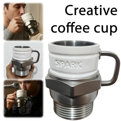 Spark Plug Coffee Mug with Resin Exterior and Stainless Steel Lining, Silvery Automotive-Themed Cup for Mechanics, Car Enthusiasts and Father's Day Gifts