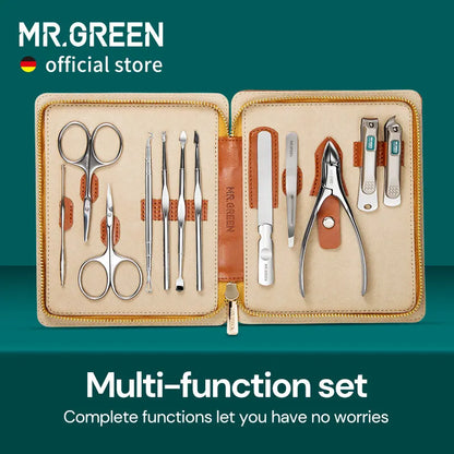 Manicure and Pedicure Kit MR.GREEN Mr-6012 with 12 Listed Stainless Steel Accessories and Portable Leather Case for Adult Home Grooming and Travel
