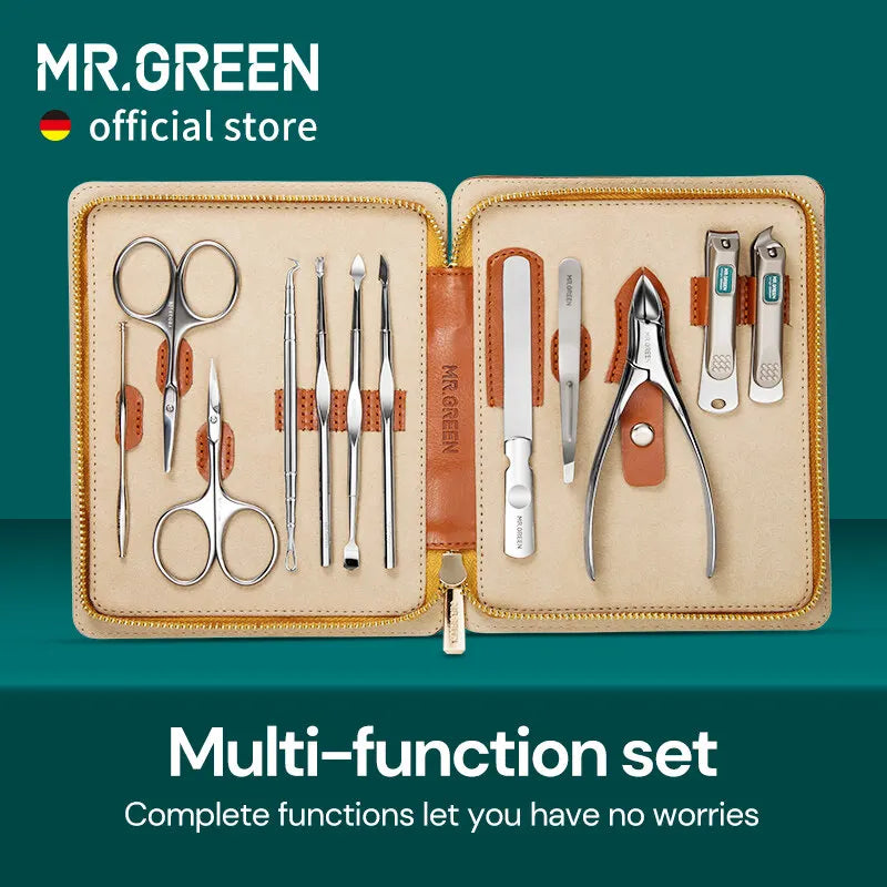 12-in-1 Manicure Set by MR.GREEN, MR-6012 Stainless Steel Personal Grooming Kit with Portable Leather Case for At-Home Nail Care and Travel Organization