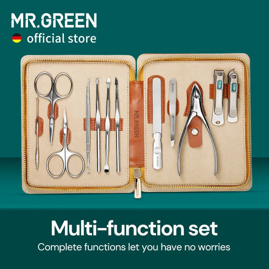 12-in-1 Manicure Set by MR.GREEN, MR-6012 Stainless Steel Personal Grooming Kit with Portable Leather Case for At-Home Nail Care and Travel Organization
