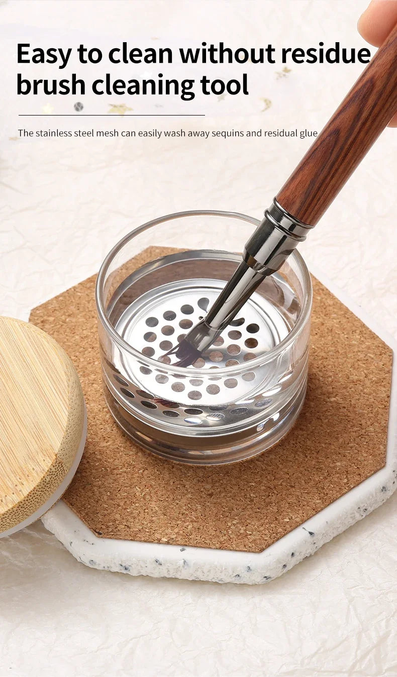 Nail Brush Cleaning Cup with Stainless Steel Mesh Base, Glass Manicure Tool Container for Brush Washing and Compatible Nail Drill Bit Cleaning