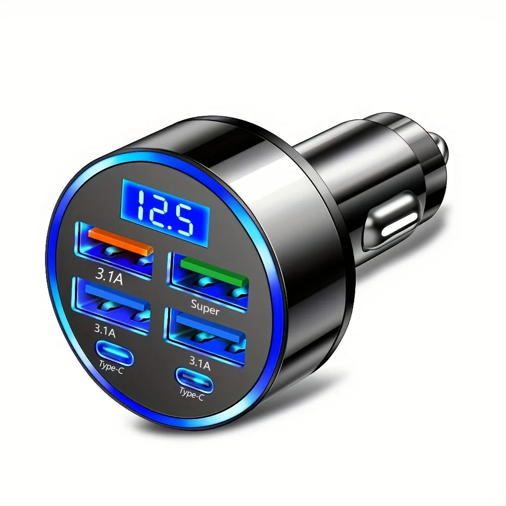 Dual Type-C Car Charging Adapter, Black Charger with Digital Display and Listed 6-in-1 Format and 3.1A Rating for Compatible Phones, Tablets and Power Banks