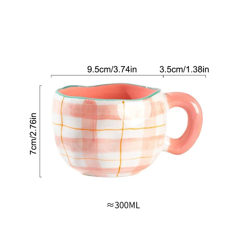 Hand-Painted Ceramic Mug with Irregular Korean-Style Shape and Floral, Heart or Playful Pattern Options for Breakfast Coffee and Afternoon Tea, Cup Only